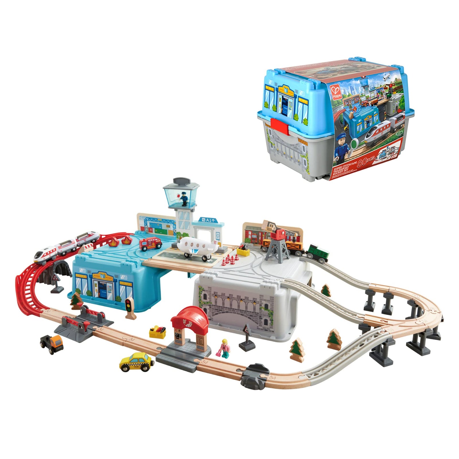 Hape Super Cityscape Transport Bucket - Wooden Toy Train Set with Airport Scene