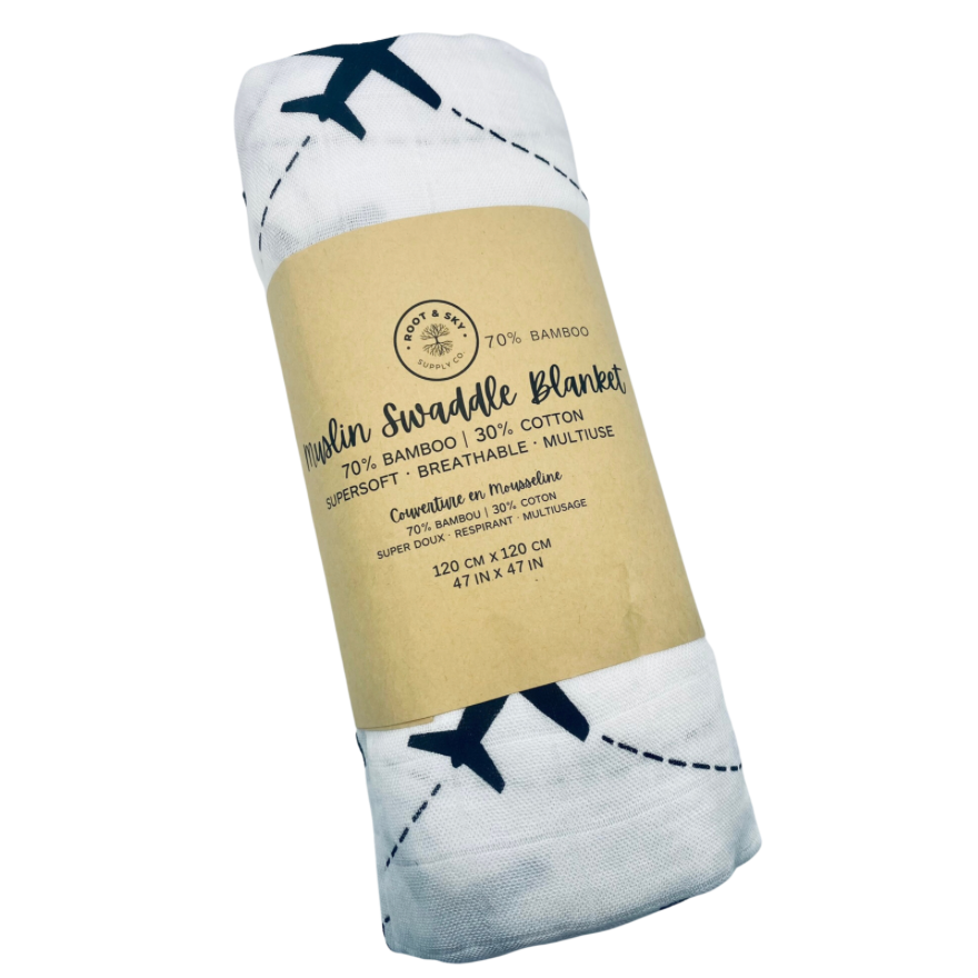 I Love Airplanes Muslin Swaddle Blanket (Black & White)