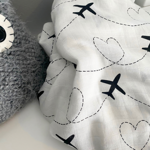 I Love Airplanes Muslin Swaddle Blanket (Black & White)